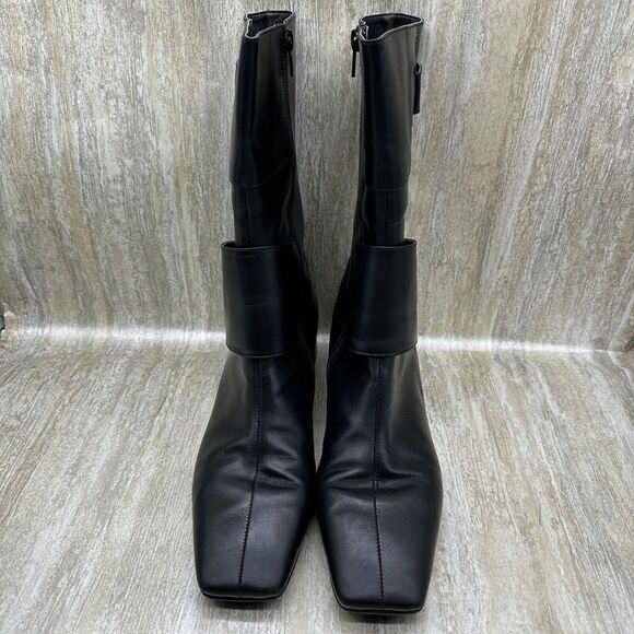 Aerosoles Boots Womens 9 Black Mid Calf Black Leather Zip Up Riding Square Toe - Picture 3 of 9